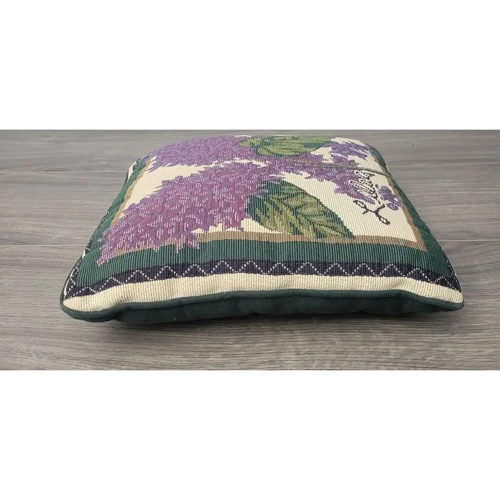 VTG Floral Tapestry Throw Pillow Purple Lilac Green Leaves Script Lettering